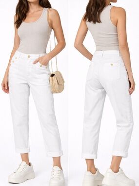 NWT $78 Democracy Ab Solution High Rise Button Patch Pocket Crop Jeans White